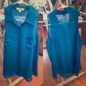 Blue sheer collared sleeveless blouse